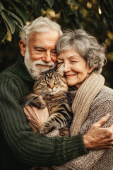 Golden-aged happiness captured in a moment of affection with a cat