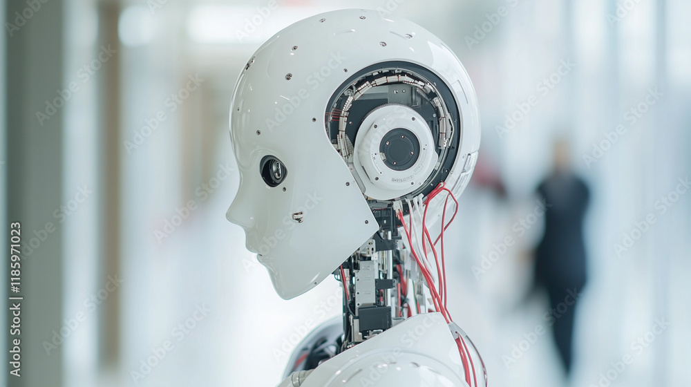 Poster humanoid robot: a close-up of a sophisticated humanoid robot with a futuristic design, its intricate