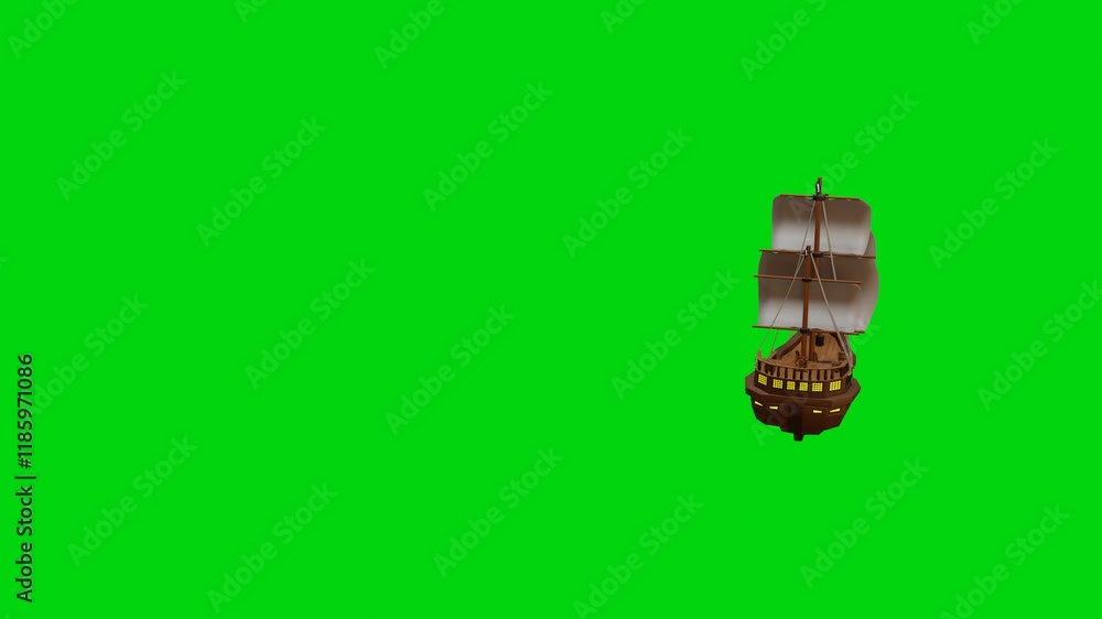 Poster 3d model of a sailboat floating in a circle on a green background. 3d render looped animation.