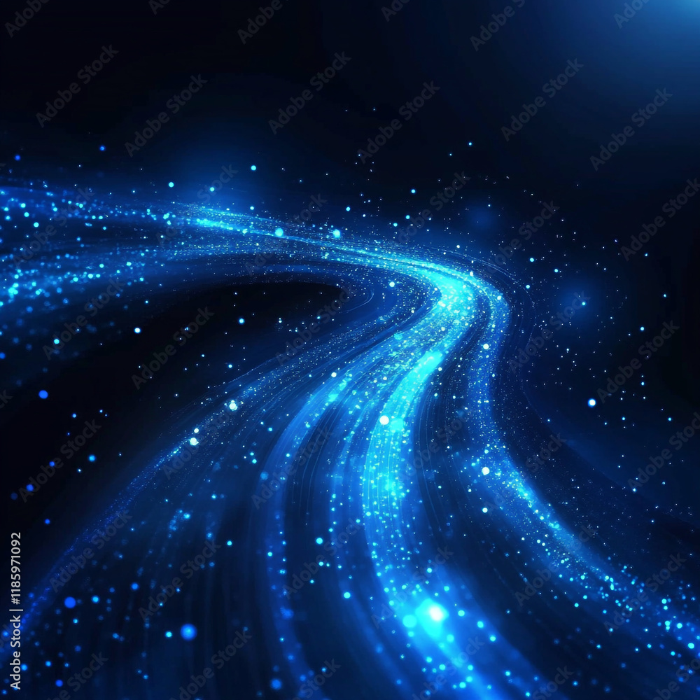 Poster bright blue particles swirl through space creating a mesmerizing cosmic path