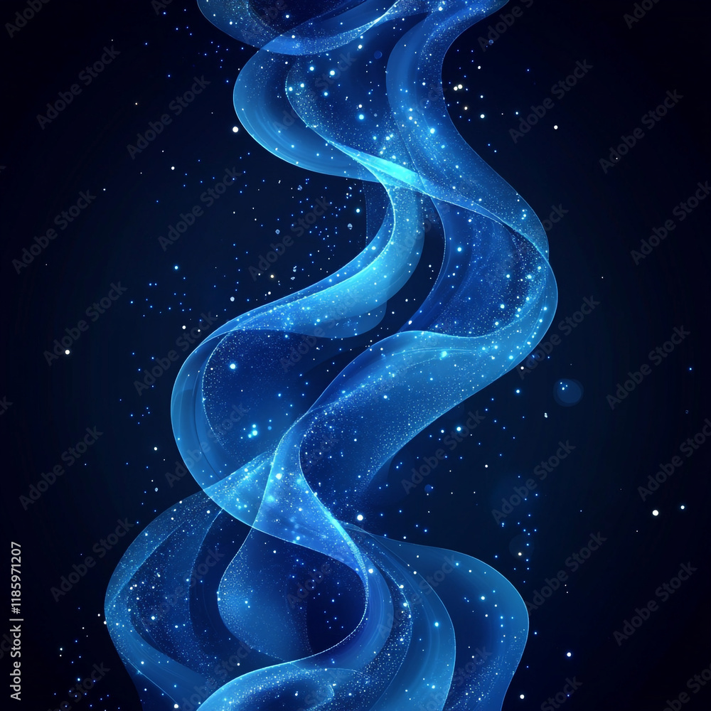Poster colorful abstract wave pattern in blue tones with sparkling elements in a dark background