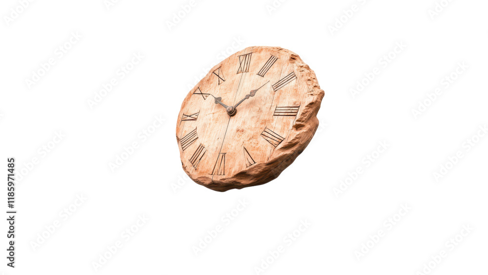 Poster clock embedded in a rock, showcasing a unique design against a black background.