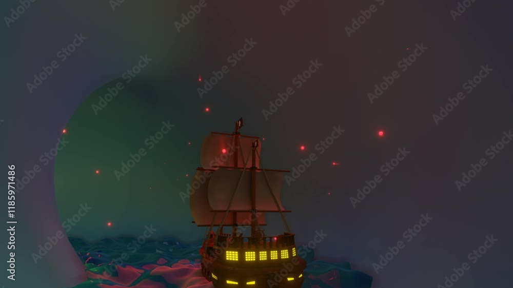 Poster 3d model of a sailboat floating in a circle. fantastic animated night composition. 3d render looped 