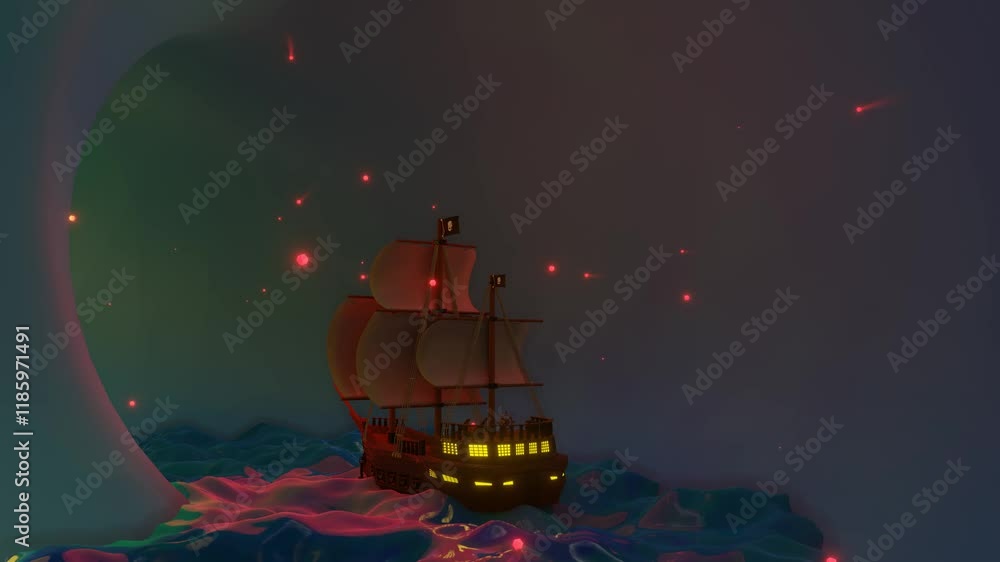 Poster 3d model of a sailboat floating in a circle. fantastic animated night composition. 3d render looped 