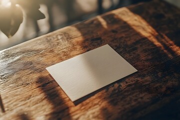 Blank card mockup, sunlight, wooden table, cafe, stationery