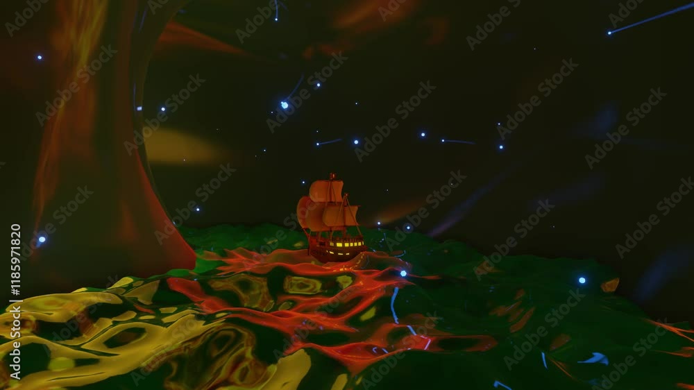 Poster 3d model of a sailboat floating in a circle. fantastic animated night composition. 3d render looped 