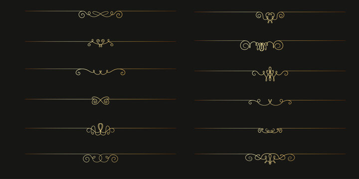 Luxury golden thin lines for text or chapter separation. Vintage gold border dividers set with vintage elegant swirls. Embellish for wedding card, book, magazines, stickers, certificates, diploma.