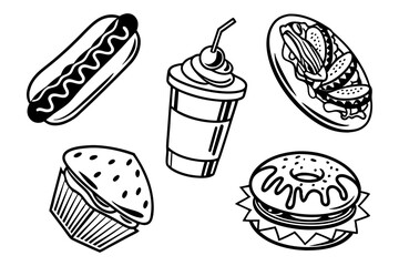 Fast Food Icons Vector Set. Black and White Design