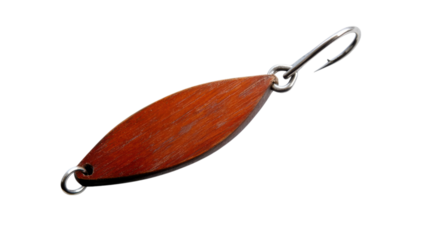 Fishing lure with a metallic hook and wooden body on a black background.