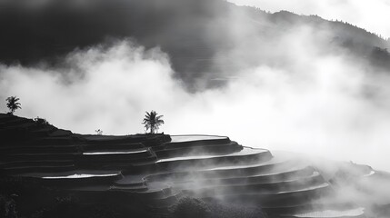 Misty Mountain Rice Terraces With Palm Trees