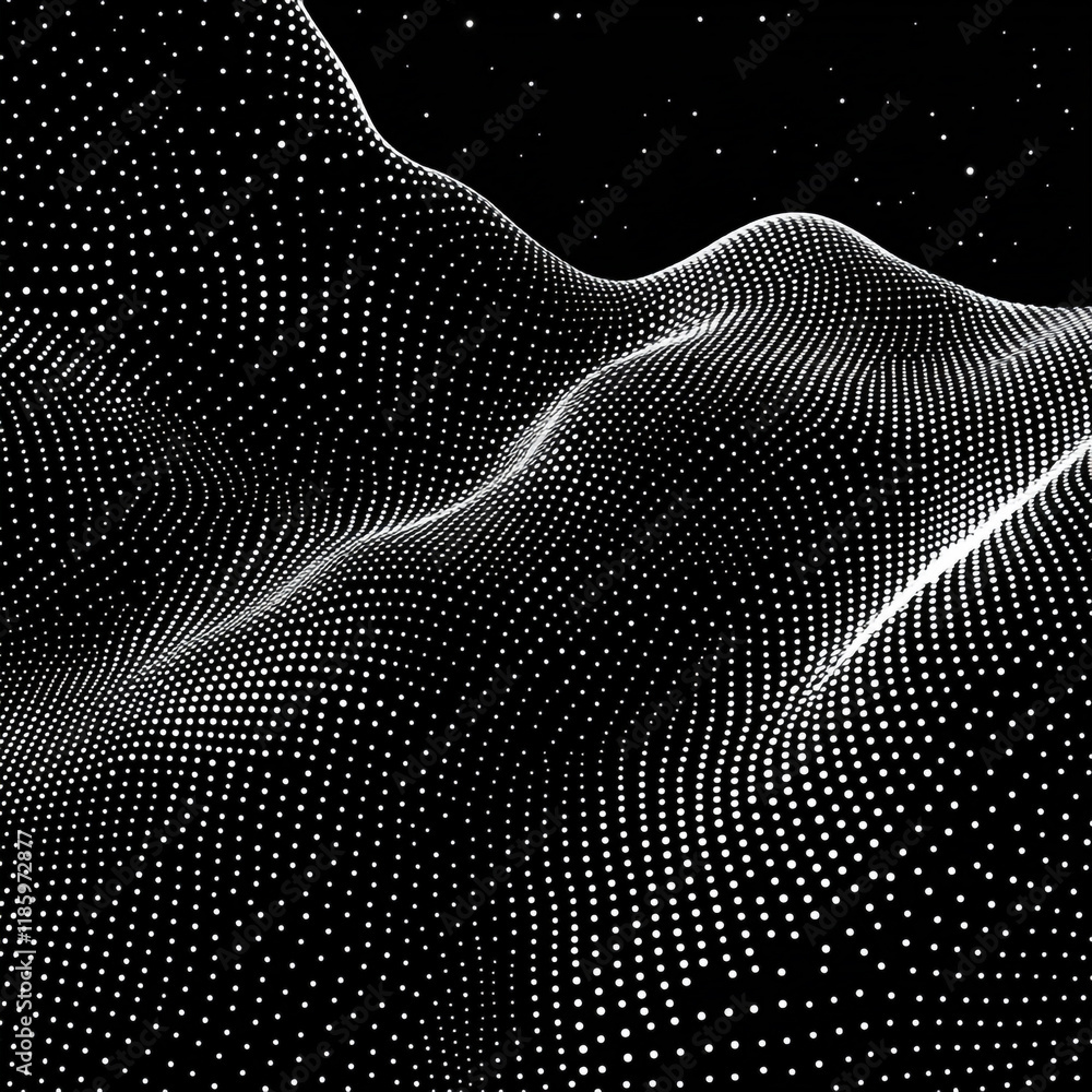 Poster black and white digital landscape with flowing patterns and lights in a mesmerizing design