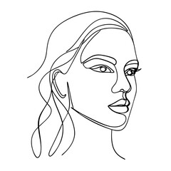 Elegant Female Portrait Line Art. Black and White Minimalist Face Illustration