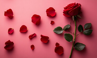 Fototapeta premium A single red rose with scattered petals rests on a pink background in a flat lay arrangement. The composition highlights the beauty of the flower, creating a romantic and elegant theme.