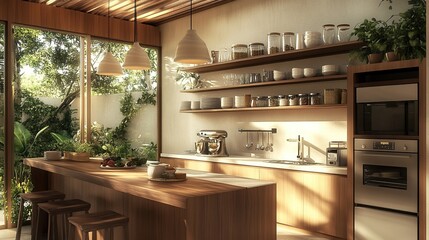 Luxurious modern kitchen with wooden shelves, appliances, sink, oven and stove, featuring contemporary design and stylish countertops, creating a bright and elegant home atmosphere