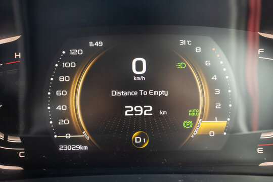 Closeup digital dashboard of mileage car