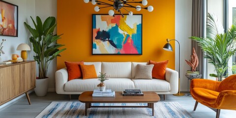 Modern living room design with an orange accent wall. Stylish sofa and vibrant decor create a welcoming atmosphere. Perfect for inspiration. Bright and cheerful space. AI