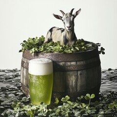 A goat sits atop a barrel surrounded by clovers, with a glass of green beer in front, creating a whimsical and festive atmosphere.