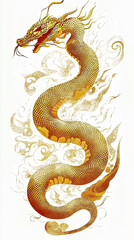 Golden Dragon or Golden Snake illustration design, minimalist, graphic design, clear scales, writhing body, white background, gold foil paper brush marks