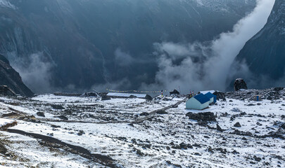 Snow Covered Sherpa Village in the Himalaya.