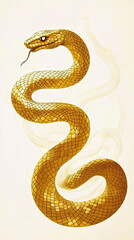 Obraz premium Dragon orSnake illustration design, minimalist, graphic design, clear scales, writhing body, gold foil paper brush marks