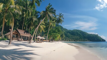 Obraz premium Tropical Beach Bungalow Paradise Idyllic Vacation Getaway