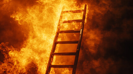 A wooden ladder engulfed in flames, surrounded by smoke and fire.