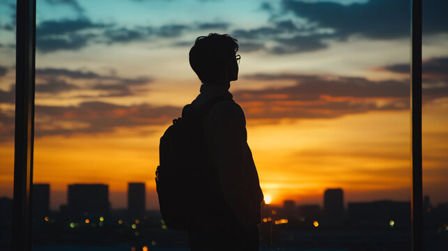 Silhouette of a person against a vibrant sunset over a cityscape in the evening