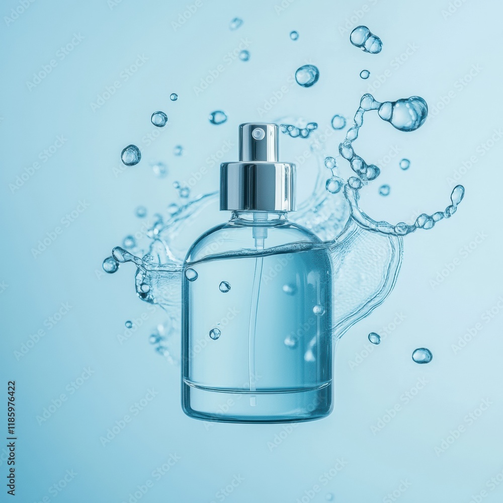 Poster Droplets of sanitizer in motion effectively eliminating bacteria during a cleaning session in a bright environment. Generative AI