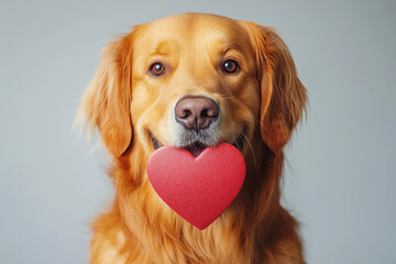 Happy golden retriever with red heart