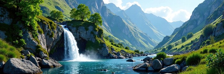 A tranquil waterfall cascading down the mountain slope, nature, peaks, scenery