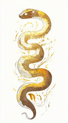 Fototapeta premium Dragon orSnake illustration design, minimalist, graphic design, clear scales, writhing body, gold foil paper brush marks