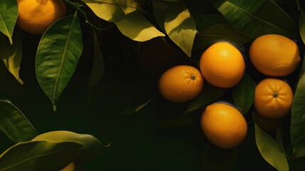 Ripe oranges nestled among glossy green leaves in a sunlit grove create a serene, minimalist setting