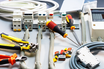Electrical equipment and tools for repair, maintenance electrical panel in lab.