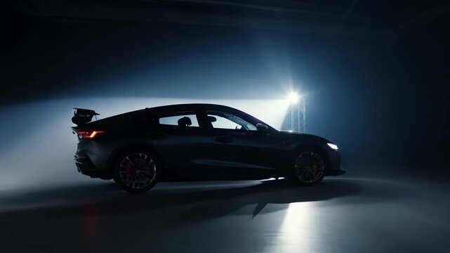 Tracking video, side to side, spotlight, establishing, a car silhouette moving across a dark studio, the spotlight highlighting the sleek contours
