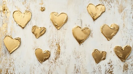 Obraz premium Golden Hearts on White Wooden Background: A Romantic Valentine's Day Abstract