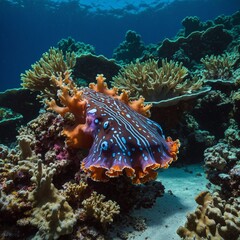 A flamboyant cuttlefish floating near a glowing coral reef.