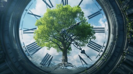 A tree growing from the center of a clock, symbolizing time, nature, and growth.