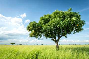 Fototapeta premium A lone mango tree in a field under a blue sky