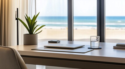 A Desk With a Laptop a Glass of Water and a Plant on It - Generative AI