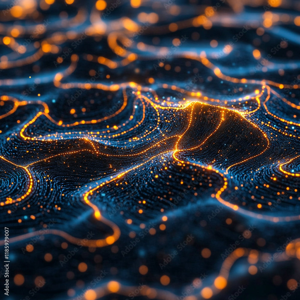 Poster fluid movement of glowing particles creates captivating patterns in dark space