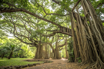 Naklejka premium A dense canopy of banyan tree roots hanging down