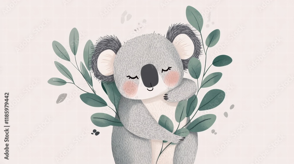 Poster cute koala hugging green leaves in a whimsical illustration style centered on nature and wildlife. g