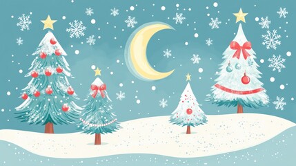 Snowy Night, Christmas Trees, Winter Wonderland, Holiday Card