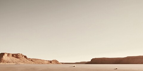 Minimalist desert landscape with tumbleweeds rolling across barren ground and distant rocky cliffs in a quiet setting