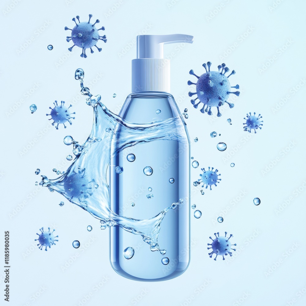 Poster sanitizer droplets burst through bacteria, showcasing powerful disinfecting action in a clean settin