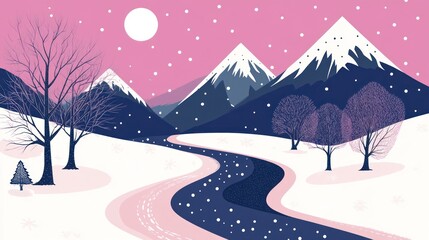 Pink Winter Snowy Mountain River Landscape