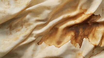 Soft fabric drapes gracefully, adorned with intricate stains reminiscent of earthy tones, capturing a sense of history and warmth under the afternoon light.