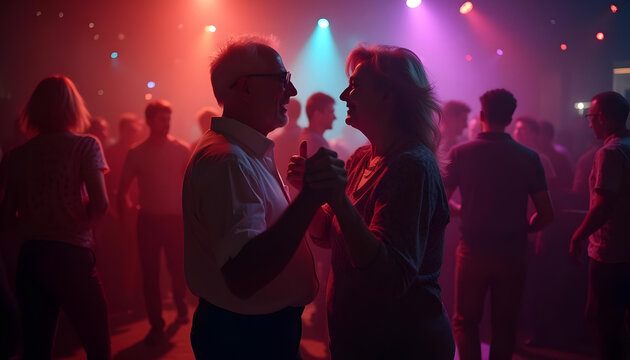 Pareja de personas mayores bailando en una discoteca