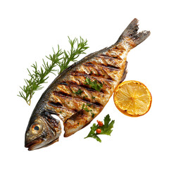 Grilled Fish with Orange Slice Isolated on Transparent Background