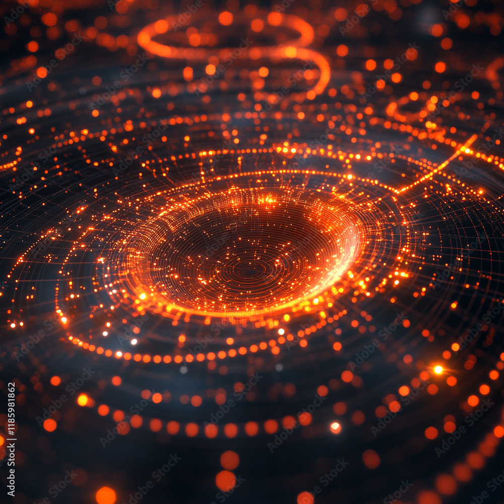 Poster abstract representation of data connectivity with orange glowing particles in a dark background